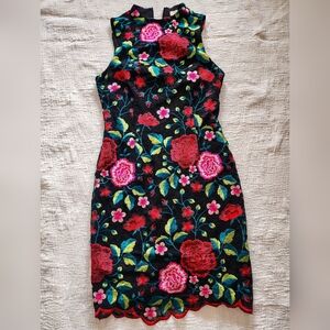 Aidan Mattox Black and Pink Floral Midi Dress